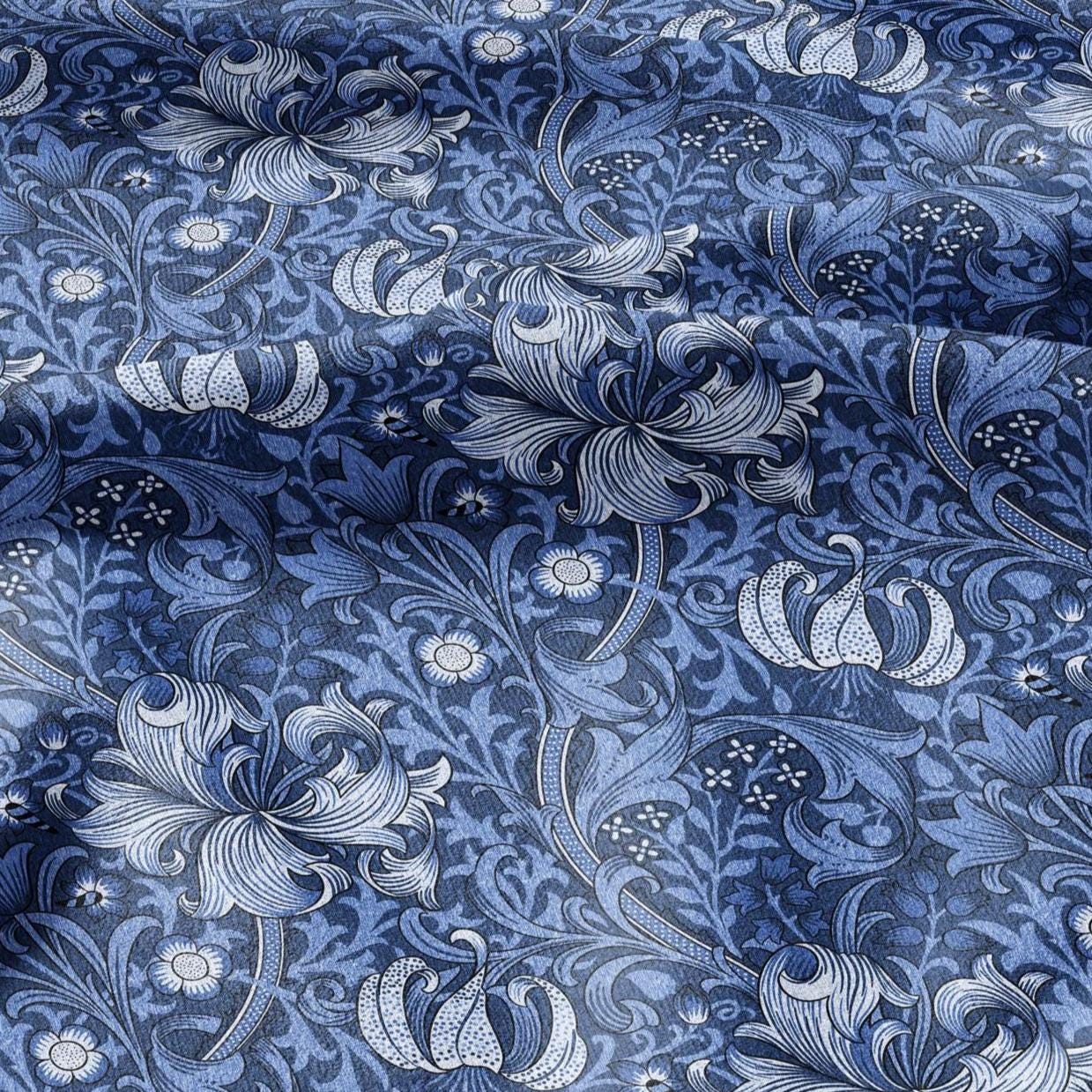100% LINEN Fabric William Morris Golden Lily blue white - British linen floral upholstery home textile Victorian fabrics 3226
