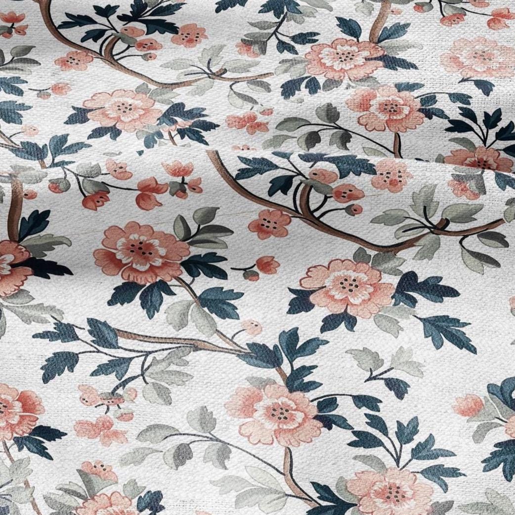 100% LINEN Fabric pink Roses Gulab flower print - botanical upholstery home textile artisan fabrics pink green white 2750