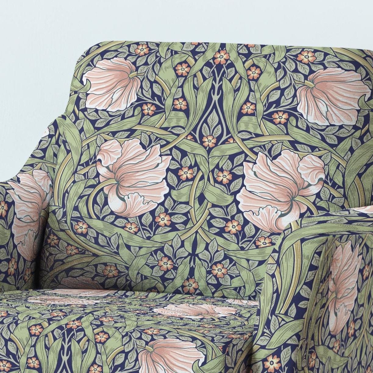 100% LINEN Fabric UPHOLSTERY 12oz - William Morris Pimpernel green pink colorful print - Victorian art craft - floral upholstery 206