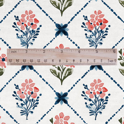 100% LINEN Fabric Floral trellis flower print - botanical indigo blue upholstery curtains dress making 3093
