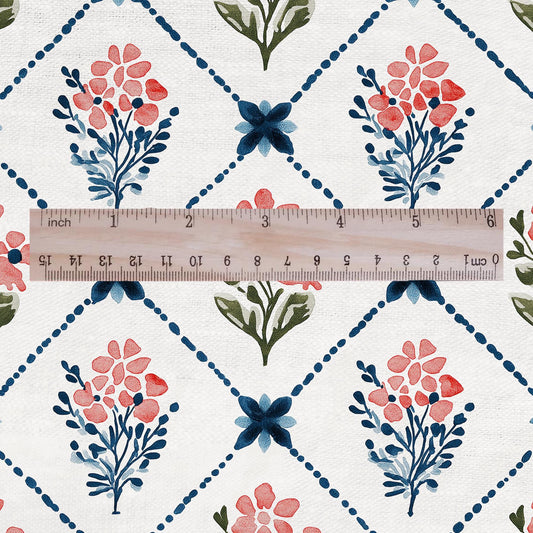 100% LINEN Fabric Floral trellis flower print - botanical indigo blue upholstery curtains dress making 3093