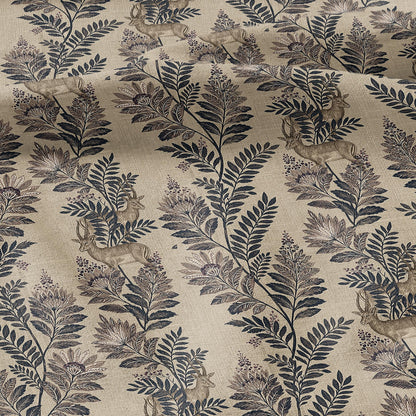 100% LINEN Fabric Woodland - Brown floral print with Antelope Eland Neutral Fabric by the Yard by LithuanianLinen 3787