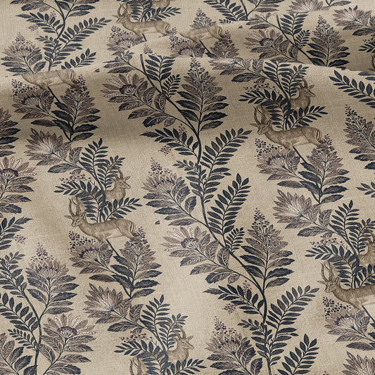 100% LINEN Fabric Woodland - Brown floral print with Antelope Eland Neutral Fabric by the Yard by LithuanianLinen 3787