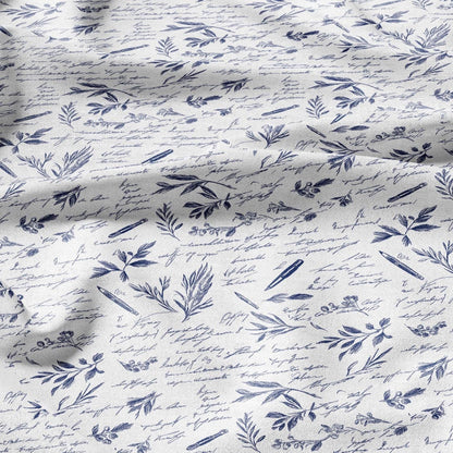100% LINEN Fabric blue writting print on white linen - indigo blue letter fabric for uphlstery heavy / medium for clothing 2577