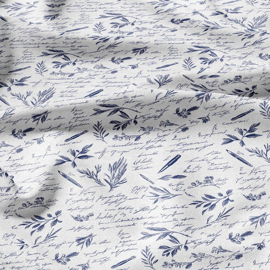 100% LINEN Fabric blue writting print on white linen - indigo blue letter fabric for uphlstery heavy / medium for clothing 2577