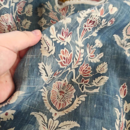100% LINEN Fabric Indian LARGE blue red gray print - block print 3822 or 322LARGE