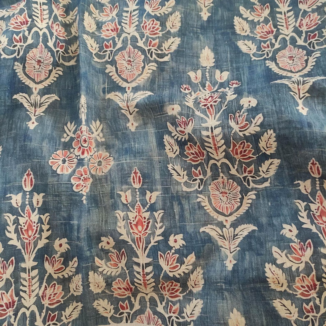 100% LINEN Fabric Indian LARGE blue red gray print - block print 3822 or 322LARGE