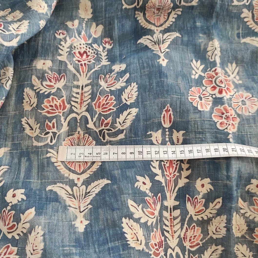 100% LINEN Fabric Indian LARGE blue red gray print - block print 3822 or 322LARGE