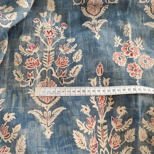 100% LINEN Fabric Indian LARGE blue red gray print - block print 3822 or 322LARGE