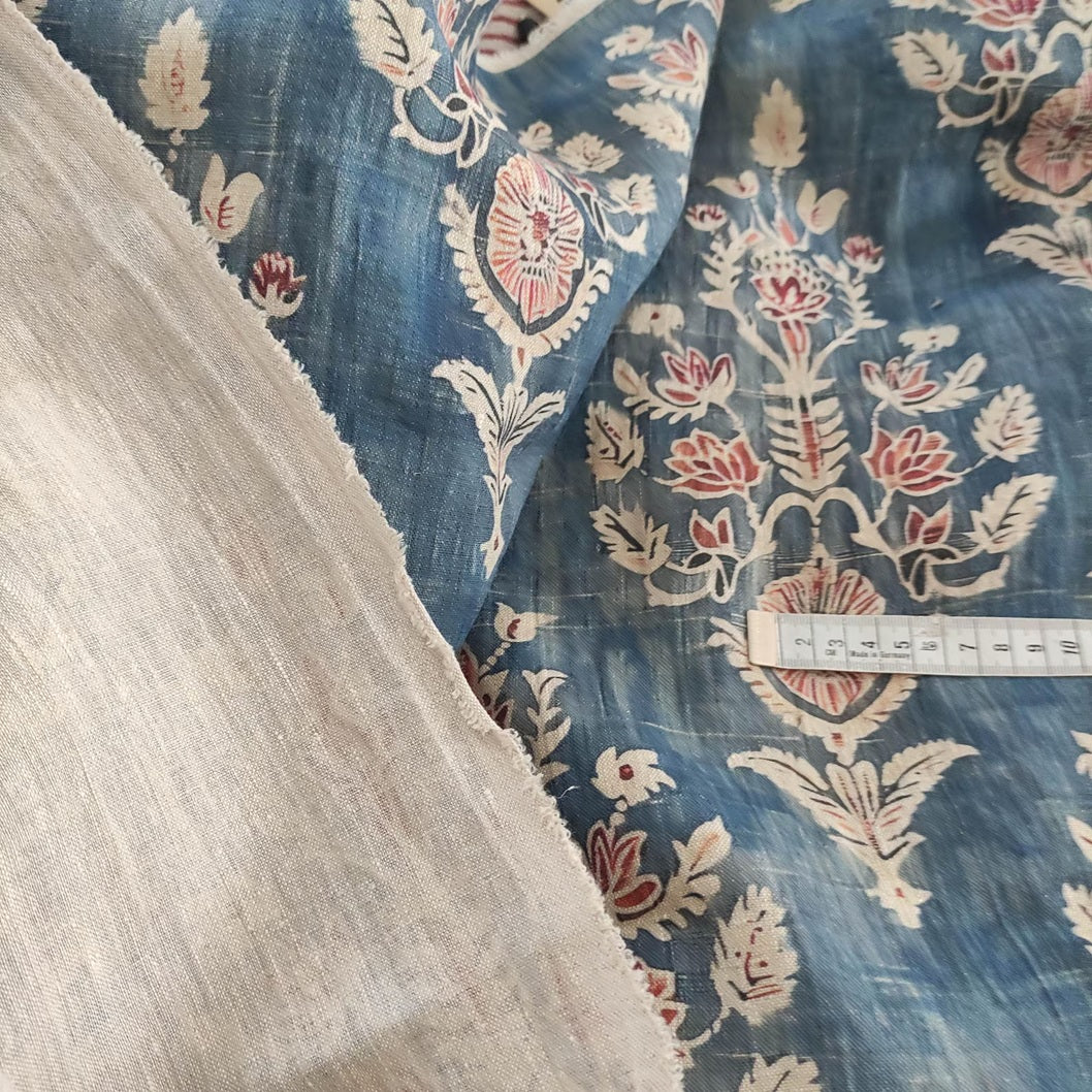 100% LINEN Fabric Indian LARGE blue red gray print - block print 3822 or 322LARGE