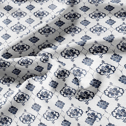 100% LINEN Fabric Greek blue flower print on white linen - Floral print flax fabric for uphlstery heavy / medium for clothing 2574