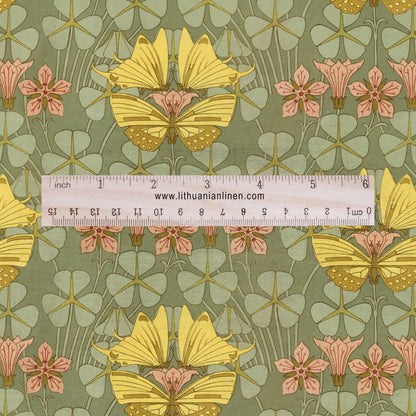 100% linen Art Nouveau Print fabric for Curtain Upholstery Cushion - Floral fabric with butterflies