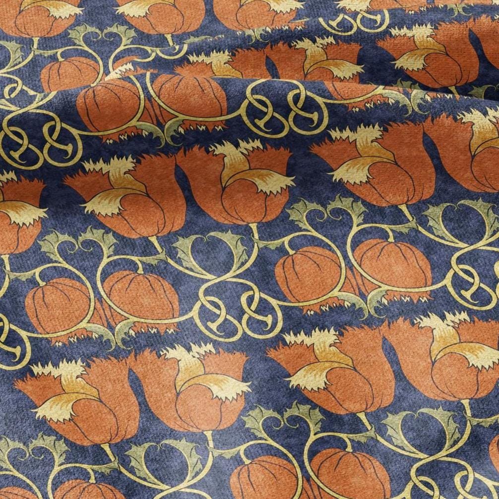 100% linen fabric Voysey poppies scroll print - Victorian Art crafts linen Fabric - Historical pattern fabric upholstery dress making