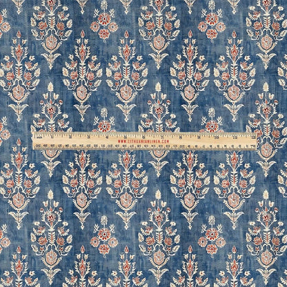 100% LINEN Fabric UPHOLSTERY 12oz - Block print blue beige red print on linen - Modern vintage pattern 322