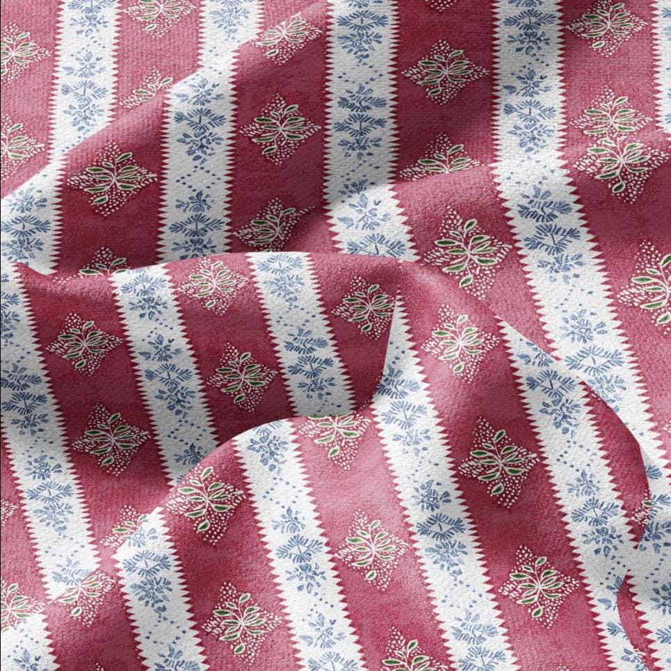 100% LINEN Fabric floral stripe print - pink blue white block print linen heavy for upholstery home decor - medium for dress making 3095