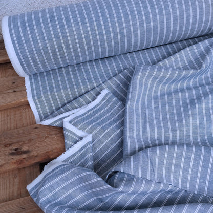 100% linen fabric 200gsm Striped white - blue. Medium weight, dense. For dresses, blouses, trousers, skirts