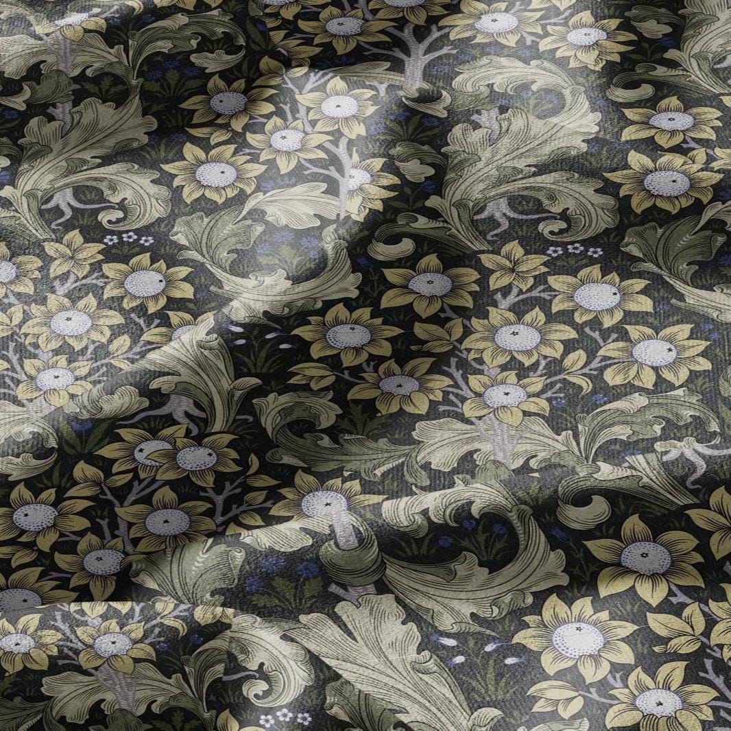 William Morris Orchard green print 100% LINEN Fabric - British linen floral upholstery home textile Victorian Orange garden 3222