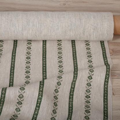 100% LINEN Fabric Striped floral print - block print green leaves on oatmeal linen for upholstery curtains dress making 2687