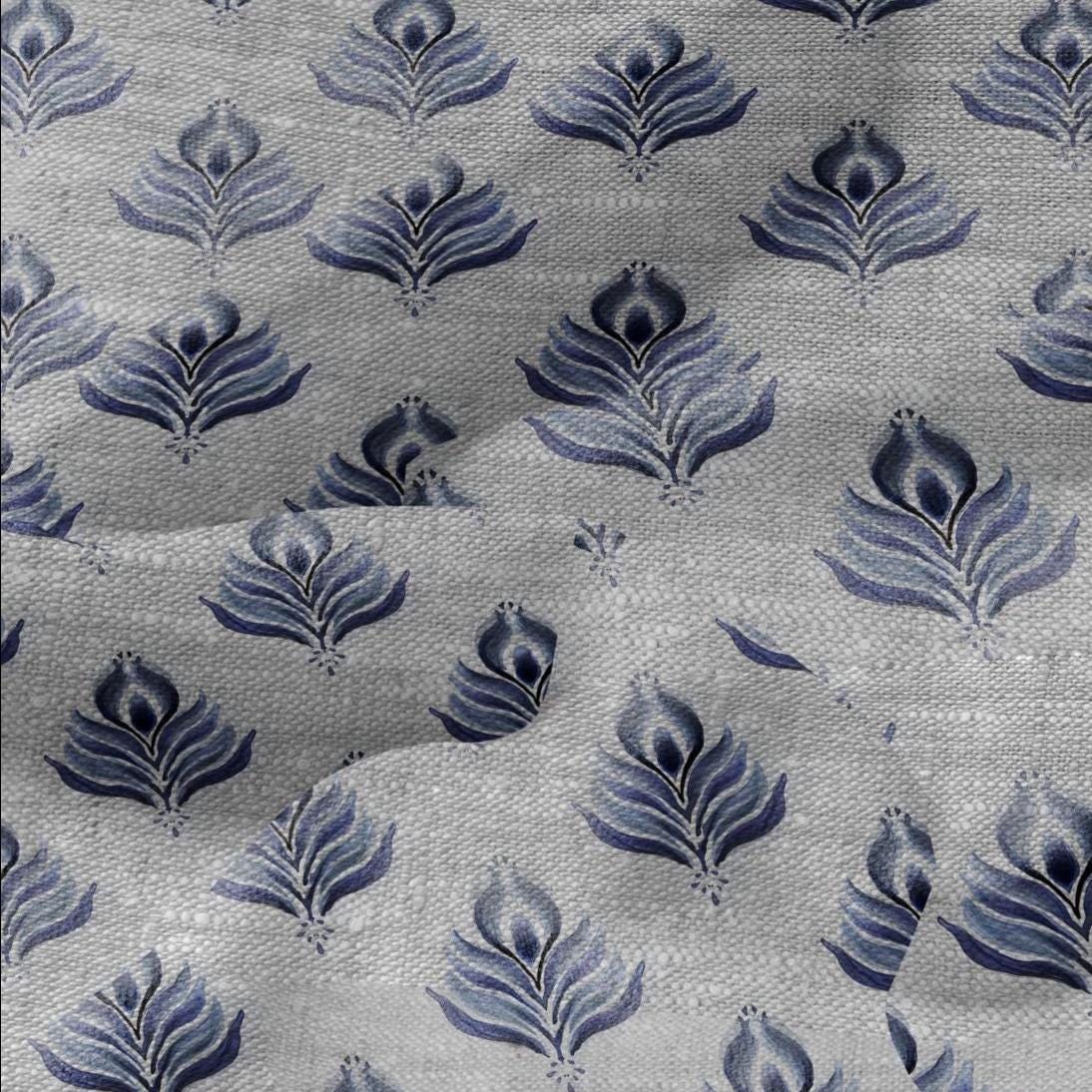 100% LINEN Fabric print Blue peacock feather - oatmeal linen fabric with animal print - heavy for home decor clothing 2746