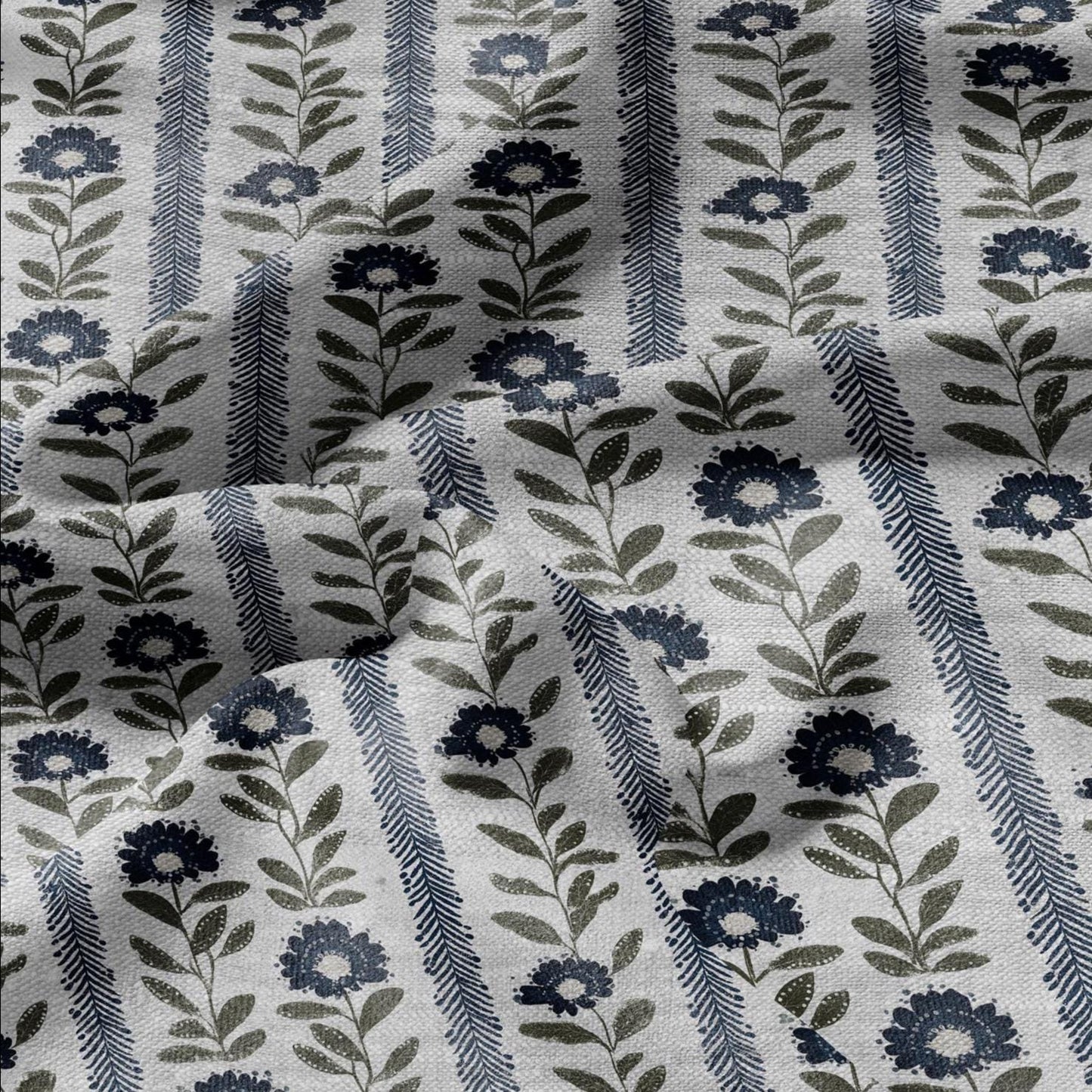 100% LINEN Fabric Floral stripe blue green print - french botanical on oatmeal linen 3126