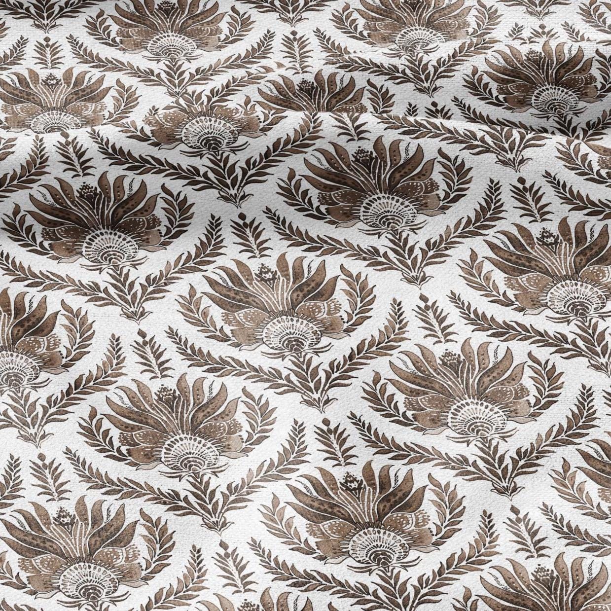 100% LINEN Fabric French block print sepia print - Walnut leaves botanical stripe upholstery home textile artisan brown white 3256