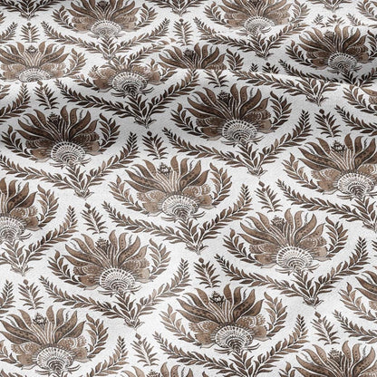 100% LINEN Fabric French block print sepia print - Walnut leaves botanical stripe upholstery home textile artisan brown white 3256