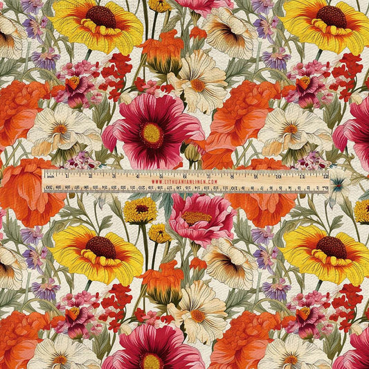 100% LINEN Fabric UPHOLSTERY 12oz - Colorfull red yellow floral meadow  print on linen - Modern vintage pattern Poppies flower field 2073