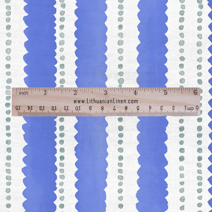 100% LINEN Fabric Scalloped stripe print - retro blue dot stripe - for upholstery home decor - medium for dress making 2884B