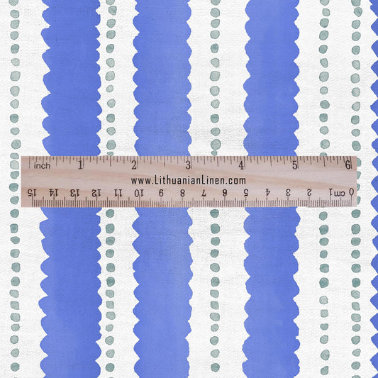 100% LINEN Fabric Scalloped stripe print - retro blue dot stripe - for upholstery home decor - medium for dress making 2884B