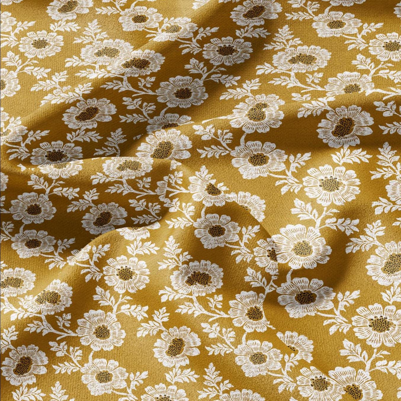 100% LINEN Fabric Shevanti flower - mustard yellow block print linen heavy for upholstery home decor - medium for dress making 2804