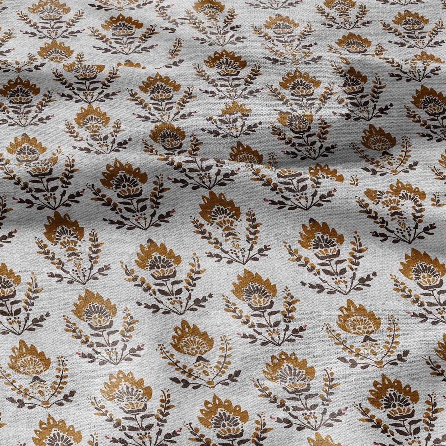 100% LINEN Fabric mustard yellow block print on oatmeal natur linen - floral French - heavy upholstery home decor - medium dress making 2373