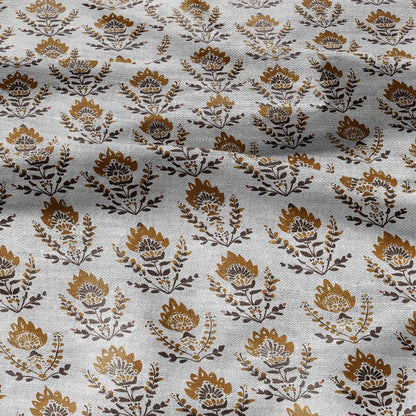 100% LINEN Fabric mustard yellow block print on oatmeal natur linen - floral French - heavy upholstery home decor - medium dress making 2373