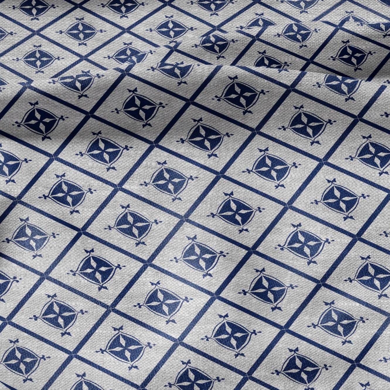 100% LINEN Fabric indigo blue Diamond stripes - geometric print on oatmeal linen for home decor sewign dress clothing 2970