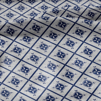 100% LINEN Fabric indigo blue Diamond stripes - geometric print on oatmeal linen for home decor sewign dress clothing 2970