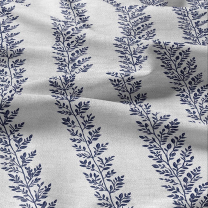 100% LINEN Fabric french blue floral stripe print on white linen - tree leaves on flax fabric for uphlstery heavy / medium for clothing 2580