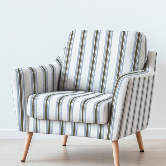 100% LINEN Fabric UPHOLSTERY 12oz - Belgian blue khaki green ticking stripe on white linen - Modern vintage Grandmillenial upholstery 2969