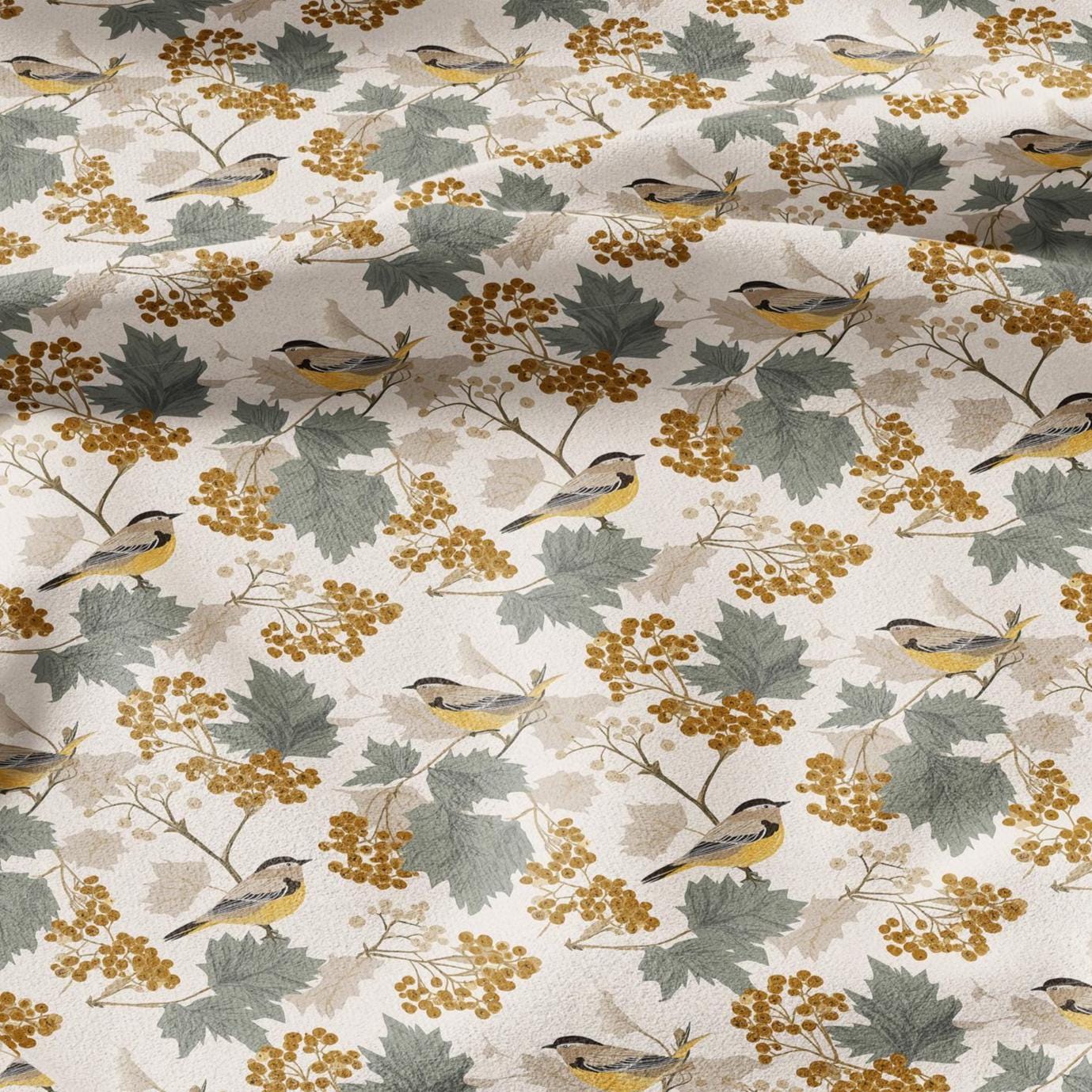 100% LINEN Fabric Autum yellow birds linen - floral fabric for upholstery home decor dress making 3010