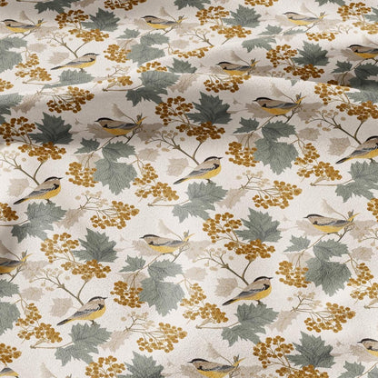 100% LINEN Fabric Autum yellow birds linen - floral fabric for upholstery home decor dress making 3010