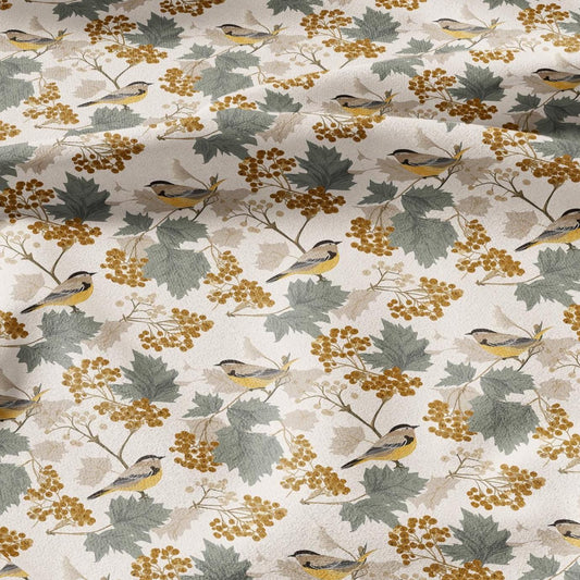100% LINEN Fabric Autum yellow birds linen - floral fabric for upholstery home decor dress making 3010