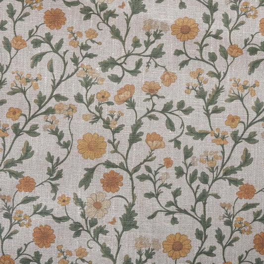 100% LINEN Fabric Wild yellow flowers - Modern vintage print on oatmeal linen for home decor sewing dress clothing 2242