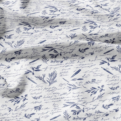 100% LINEN Fabric blue writting print on white linen - indigo blue letter fabric for uphlstery heavy / medium for clothing 2577