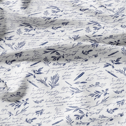 100% LINEN Fabric blue writting print on white linen - indigo blue letter fabric for uphlstery heavy / medium for clothing 2577