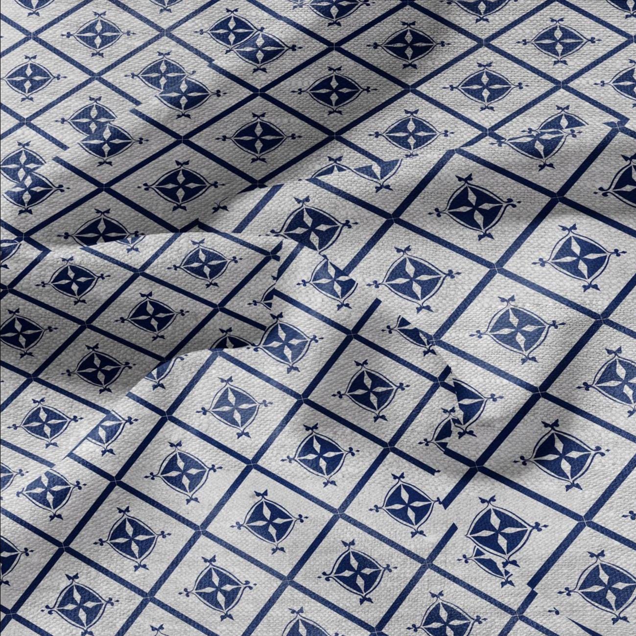 100% LINEN Fabric indigo blue Diamond stripes - geometric print on oatmeal linen for home decor sewign dress clothing 2970