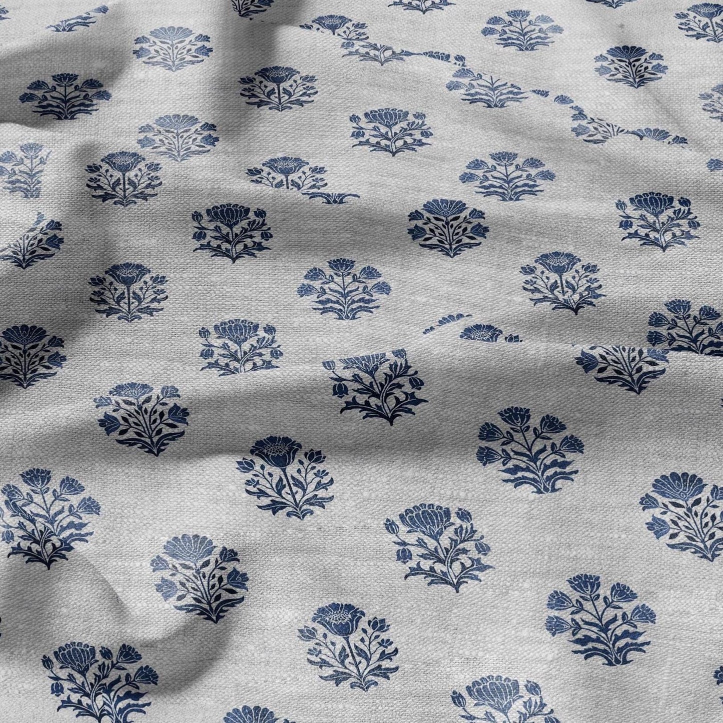 100% LINEN Fabric block print Genda - Indian blue floral linen heavy for upholstery home decor - medium for dress making 2947