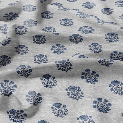 100% LINEN Fabric block print Genda - Indian blue floral linen heavy for upholstery home decor - medium for dress making 2947