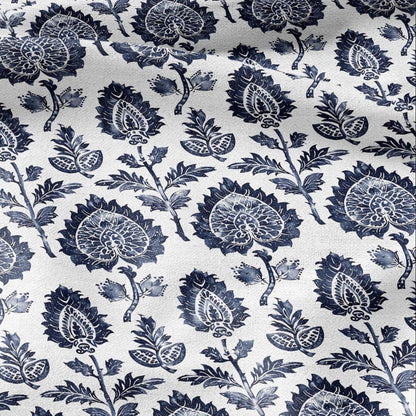 100% LINEN Fabric block print indigo blue on white - blue floral print heavy linen fabric for upholstery home decor 2009