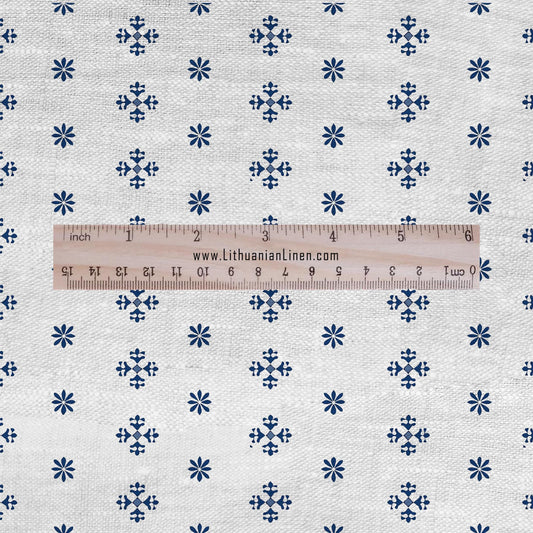 100% LINEN Fabric block print indigo blue white Swedish stars - scandinavian fabric with floral print - block print on linen 2670