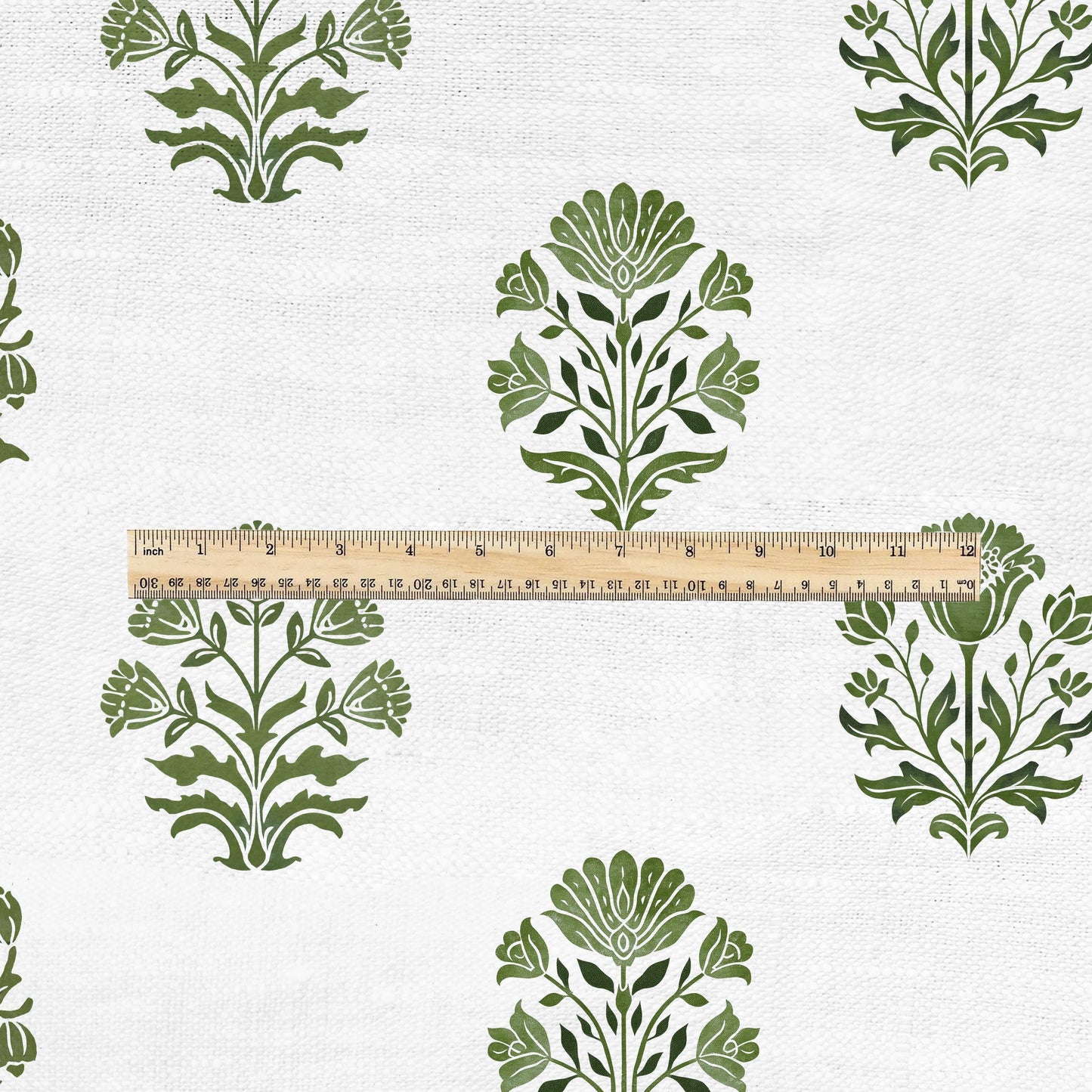 100% LINEN Fabric Block print Genda flower green - floral upholstery home textile artisan fabrics green white 2946