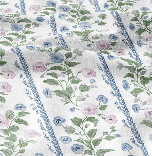 100% LINEN Fabric floral stripe print - oatmeal neutral fabric with pink blue green print - linen fabric upholstery home decor dressmaking