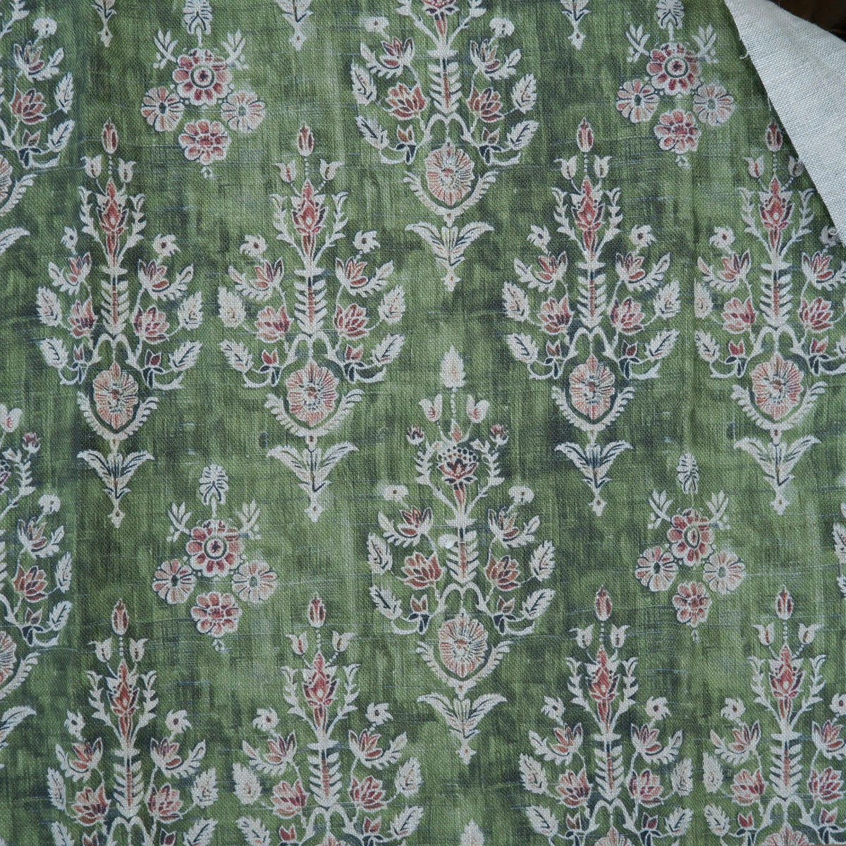 100% LINEN Fabric block print indian green 3658 - oatmeal linen fabric with green floral print decor